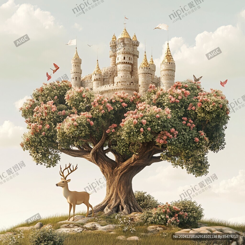 超现实的城堡与树木