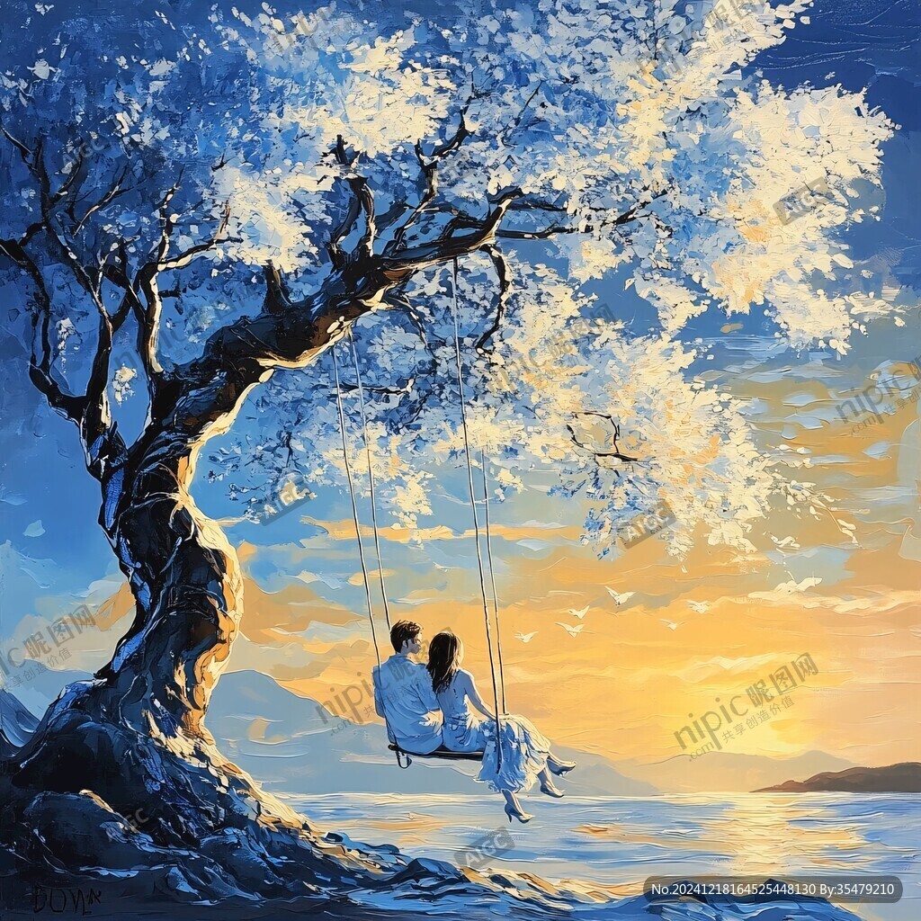 情侣荡秋千晚霞插画