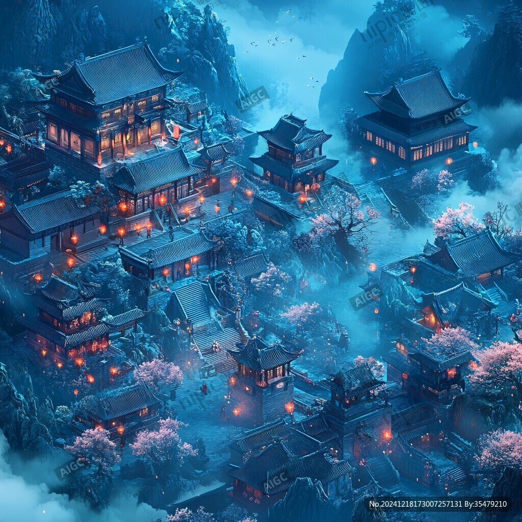 玄幻古镇夜景