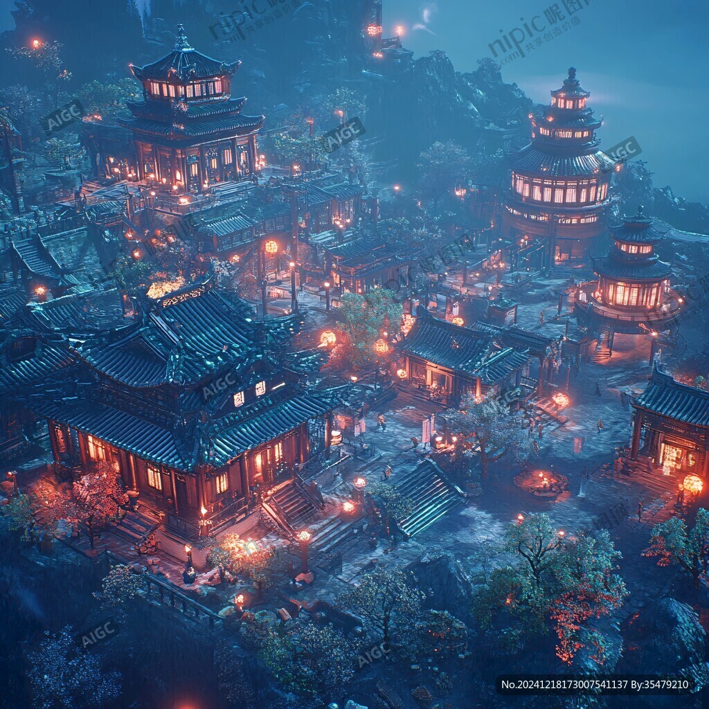 玄幻古镇夜景