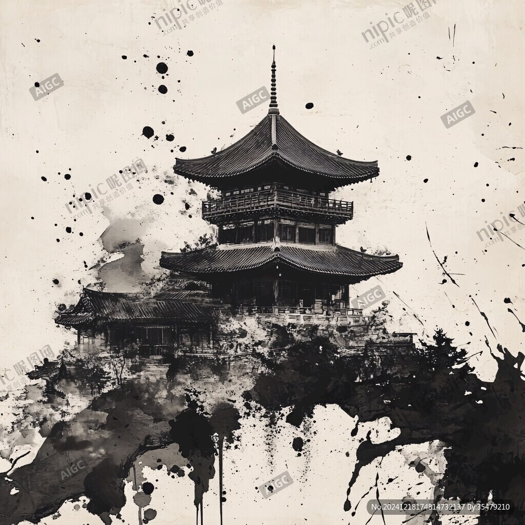 古楼水墨画