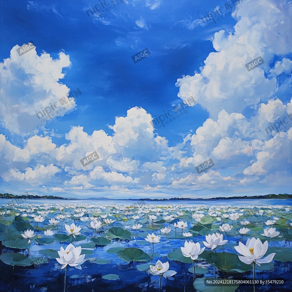 蓝天白云鲜花油画