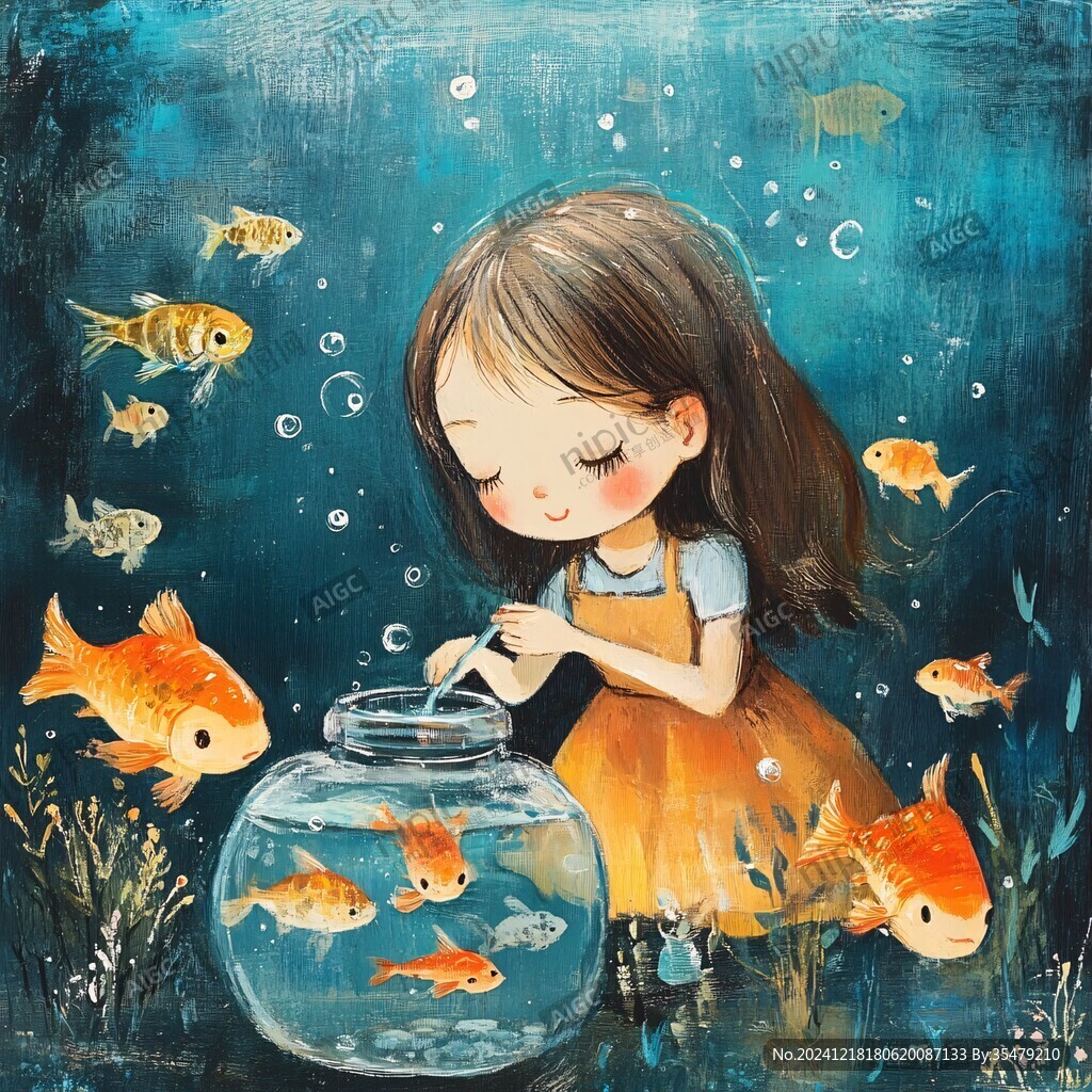 女孩摸鱼插画