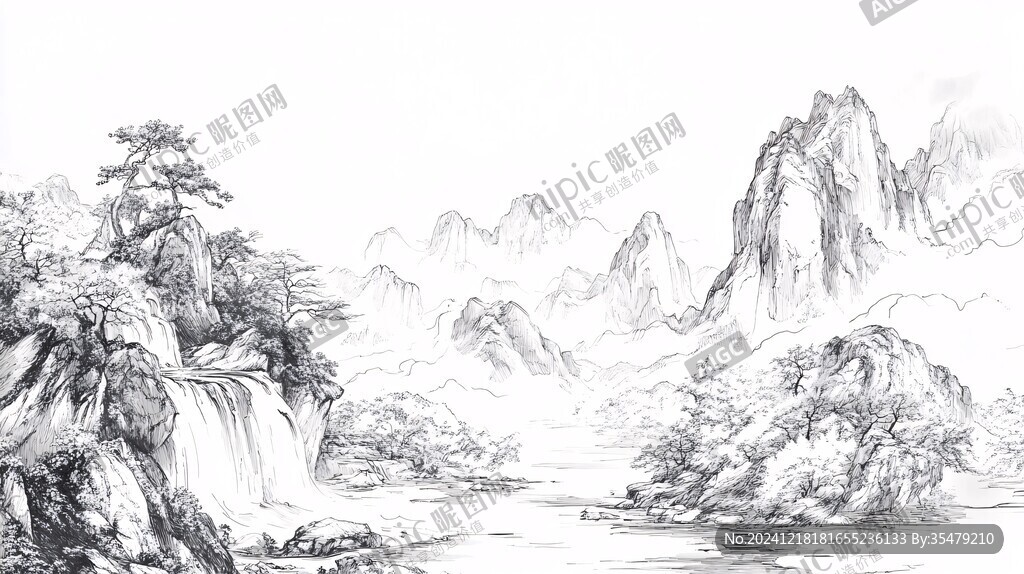 铅笔素描水墨山水