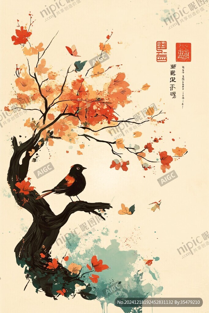 红叶古风古典花鸟