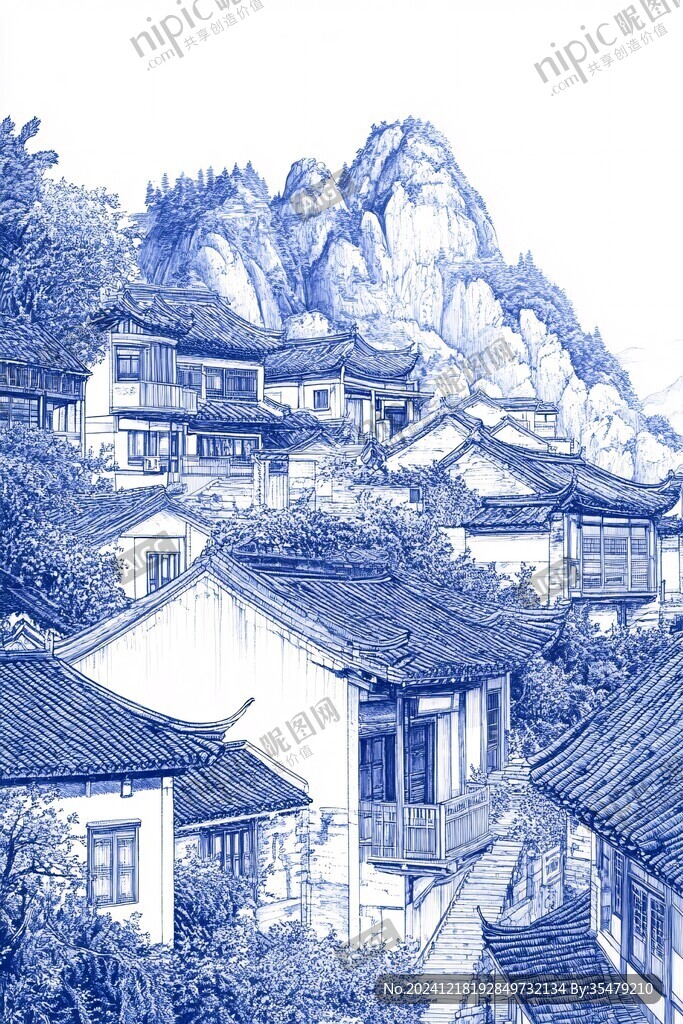 桃花源古镇线稿