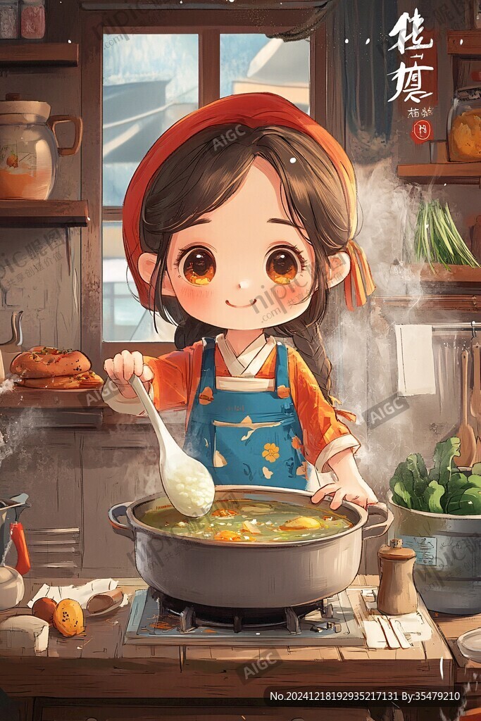 面条插画妈妈做饭