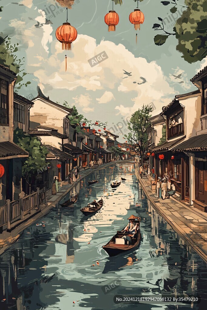 水乡古镇插画