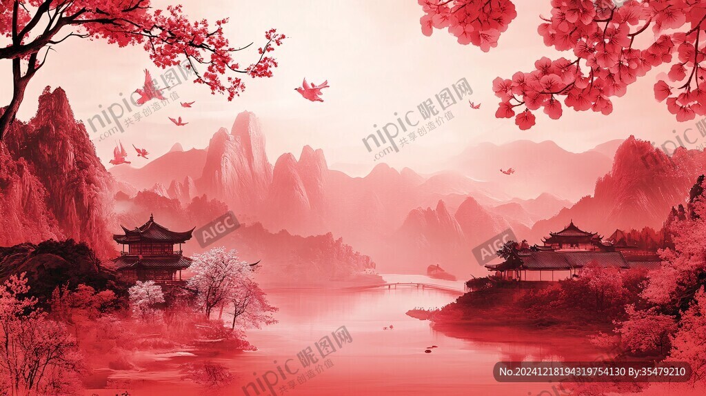 质感红色山水背景墙