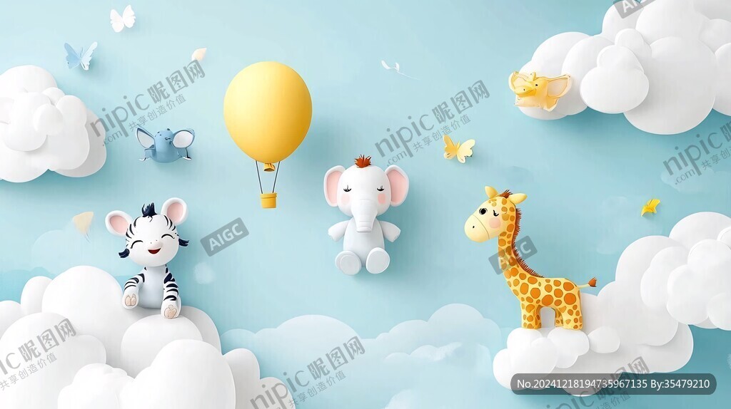 卡通动物热气球背景墙
