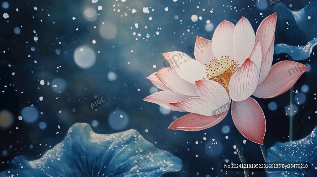 深蓝背景荷花图