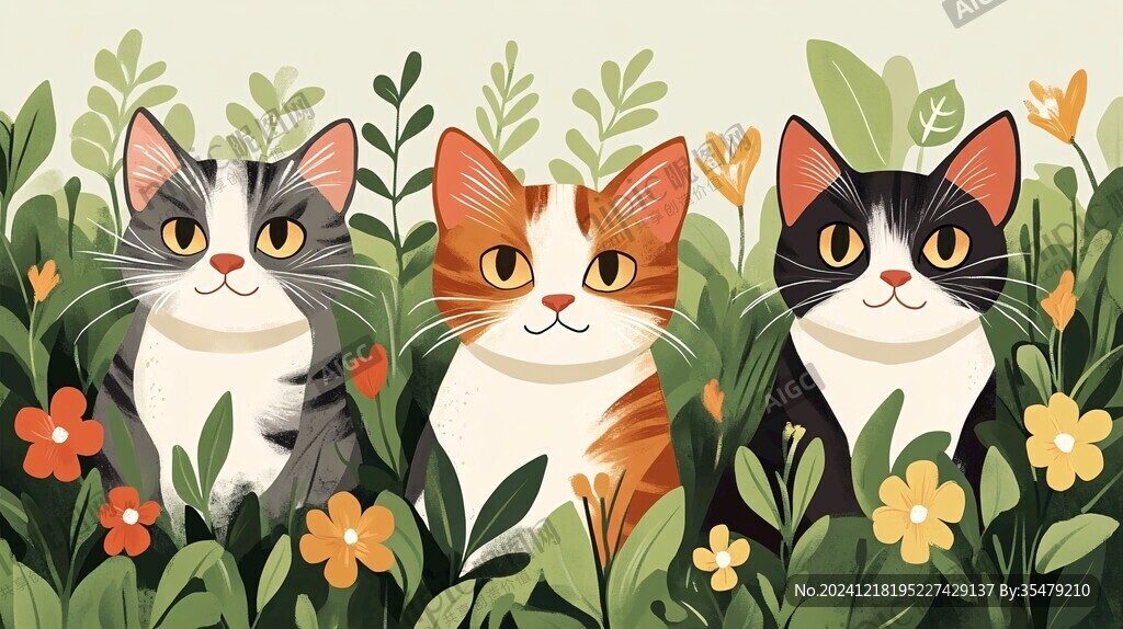 花园里的猫咪插画