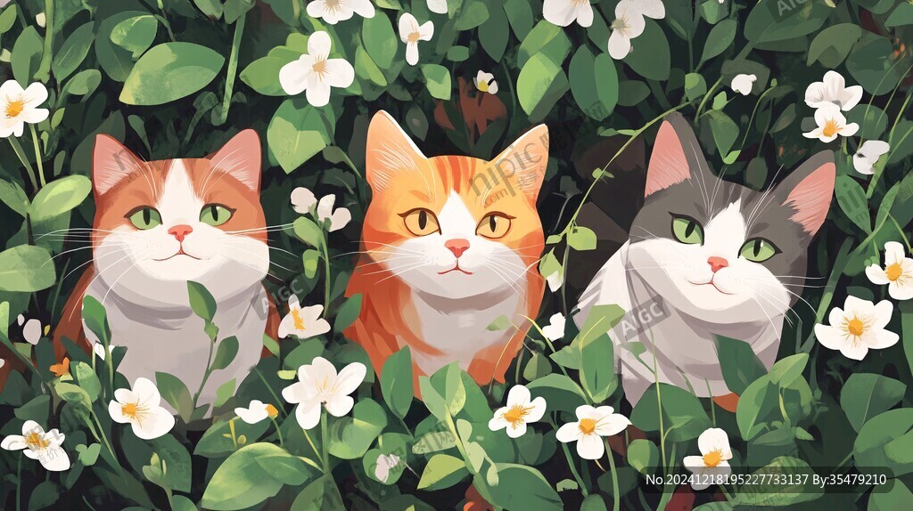 花丛边的猫咪插画