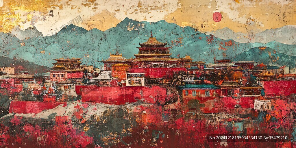 布达拉宫水彩水墨风格