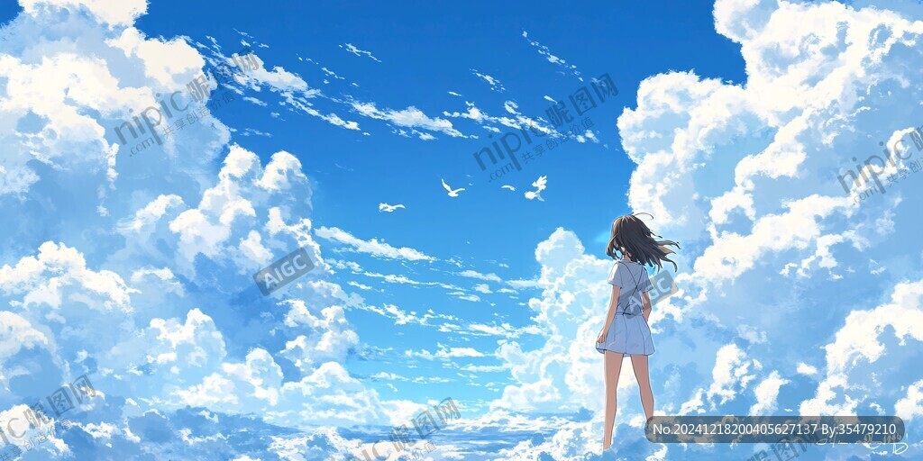 蓝天白云女孩插画