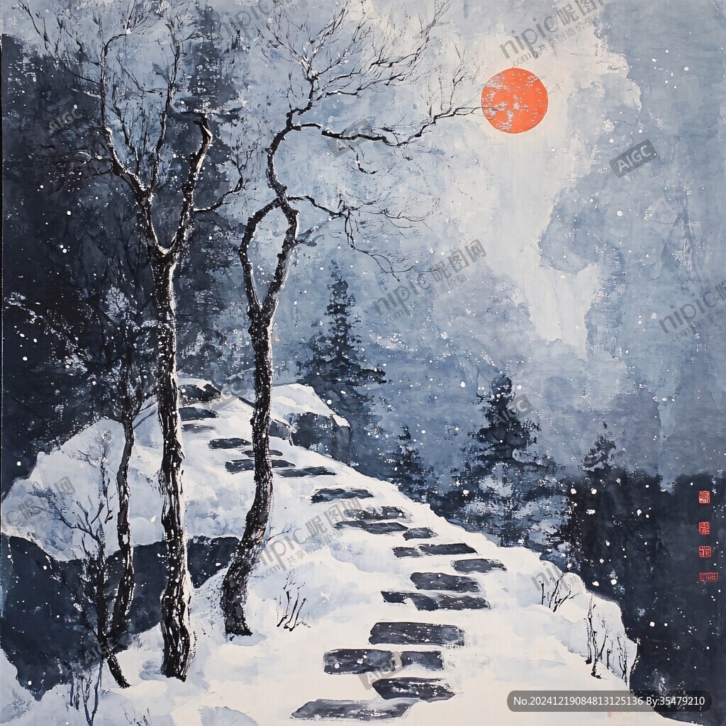 手绘雪夜风景无框画