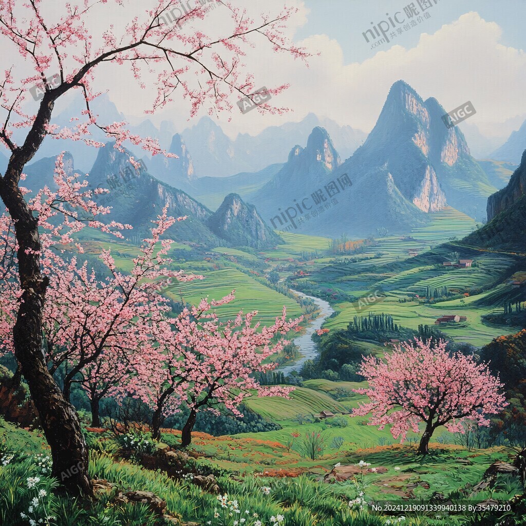 桃花风景油画