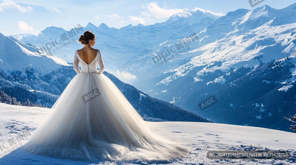 美女遥看雪山