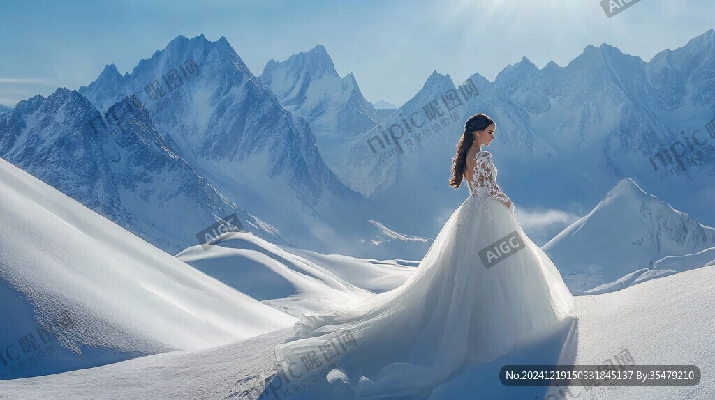 美女遥看雪山