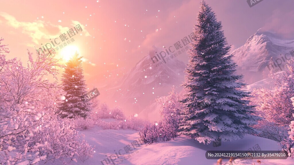 冬天森林夕阳雪景