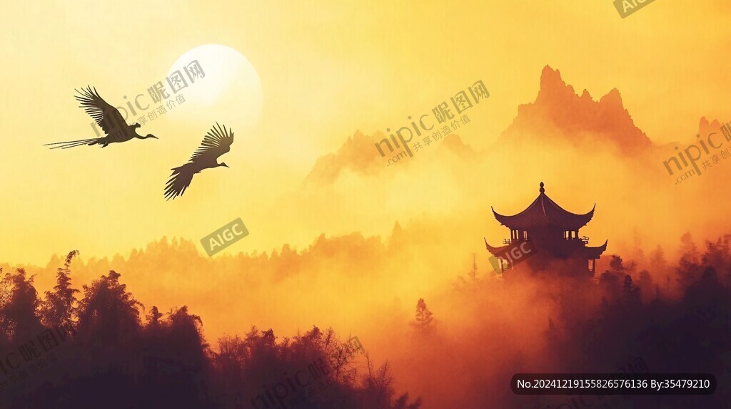 仙鹤云雾山水