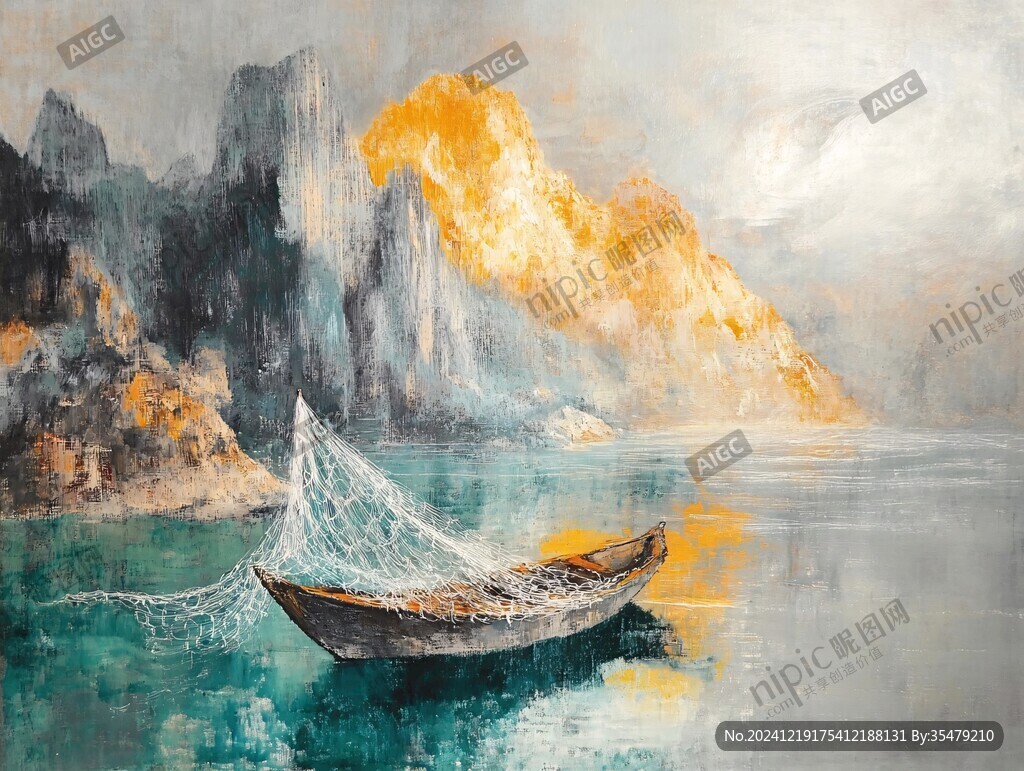 山峰渔船群山油画壁画