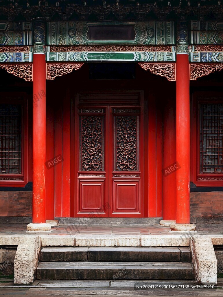 古建筑大殿红色隔扇