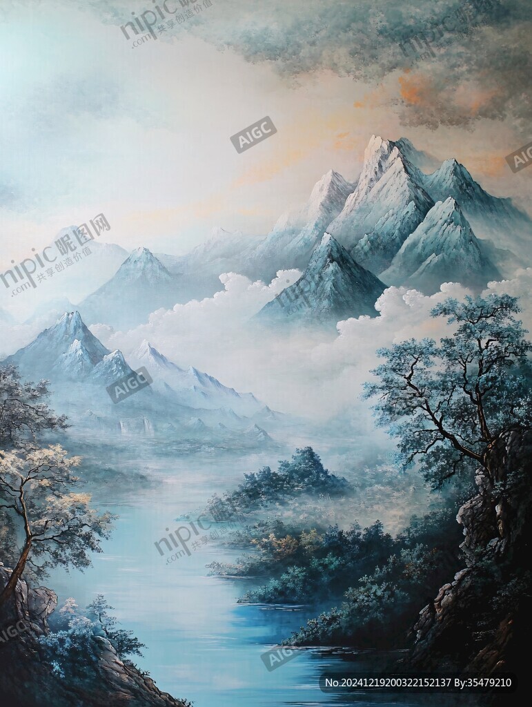 油画远山群山倒影云雾