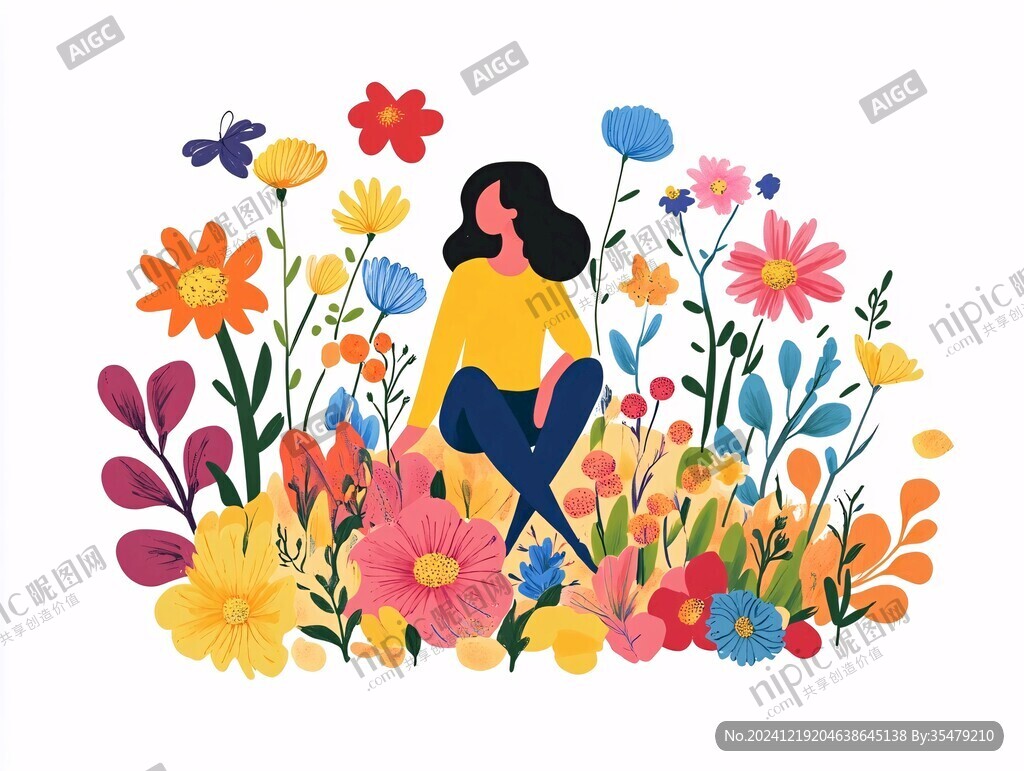 花丛女孩插画
