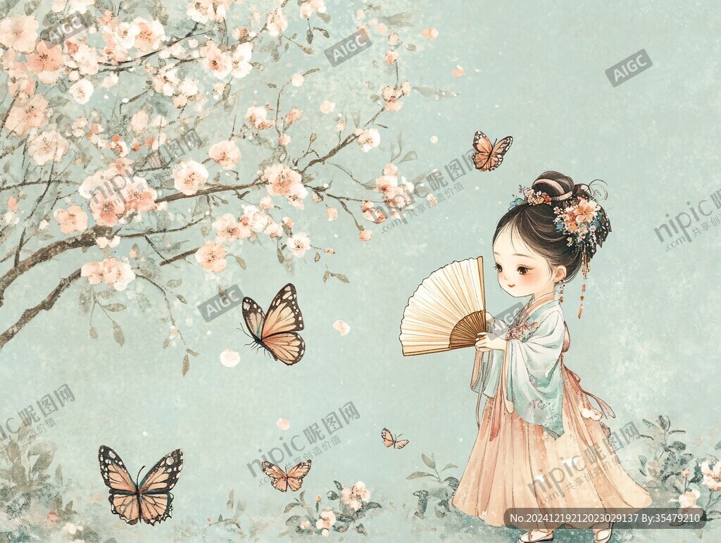 抓蝴蝶的小女孩插画
