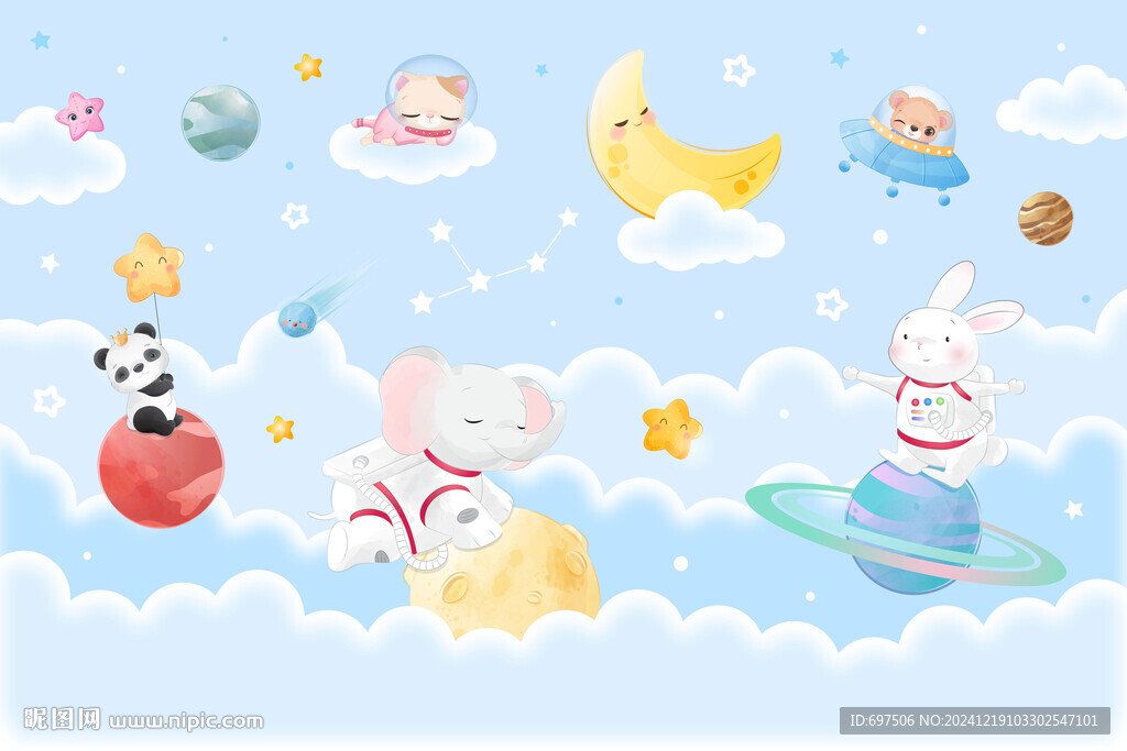 卡通天空可爱动物星球宇宙背景墙