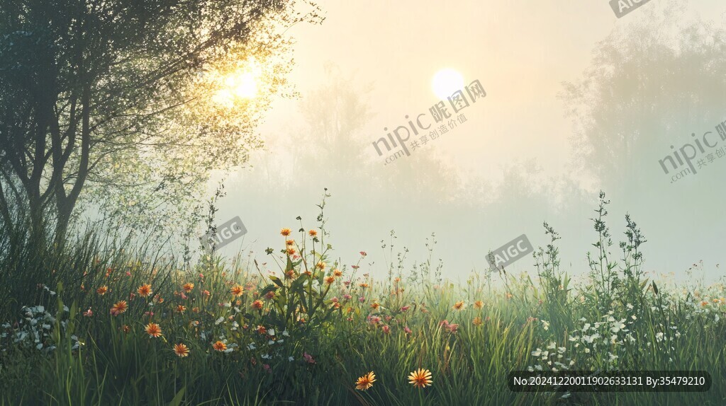 晨雾缭绕的花田