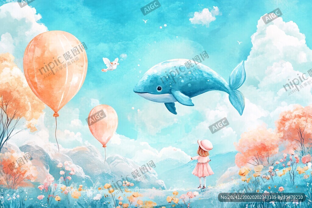 唯美插画图女孩与海豚