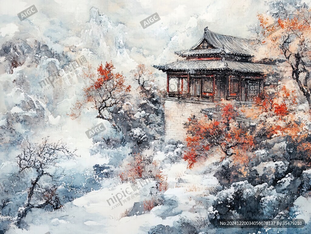 古风亭台楼阁油画