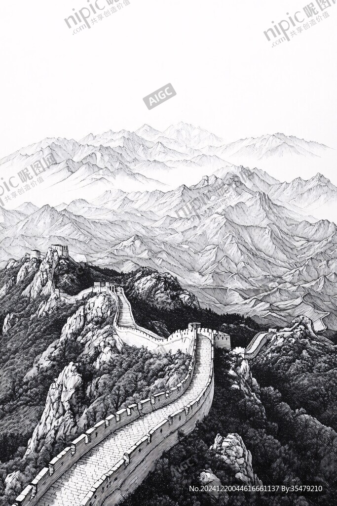 长城钢笔画素材