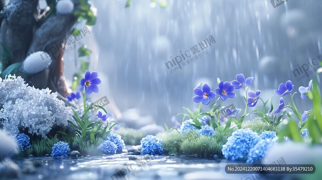 假山流水花卉背景
