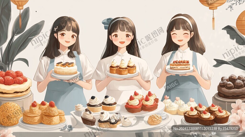甜品女生插画素材