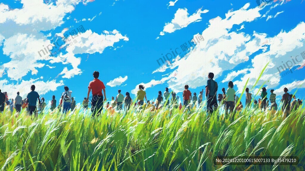 草地奔跑的少年插画