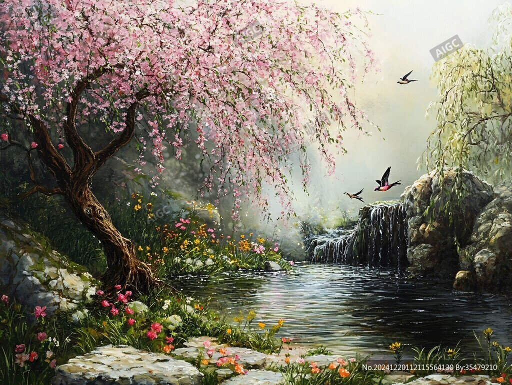 桃花风景油画