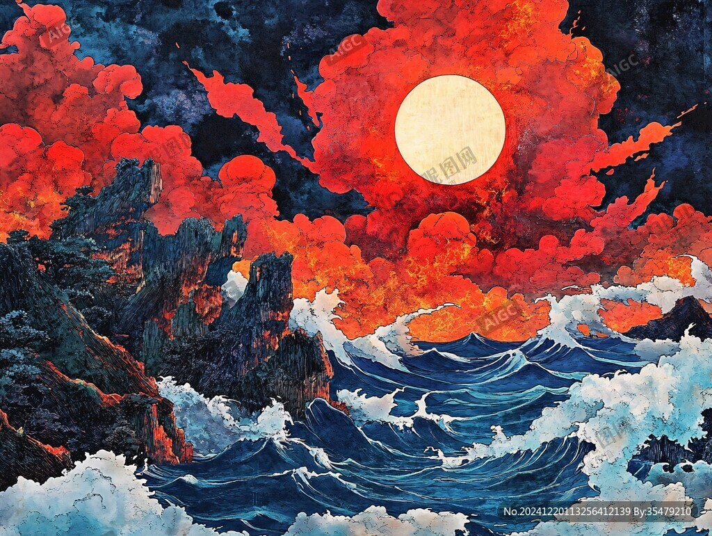 手绘海浪旭日东升