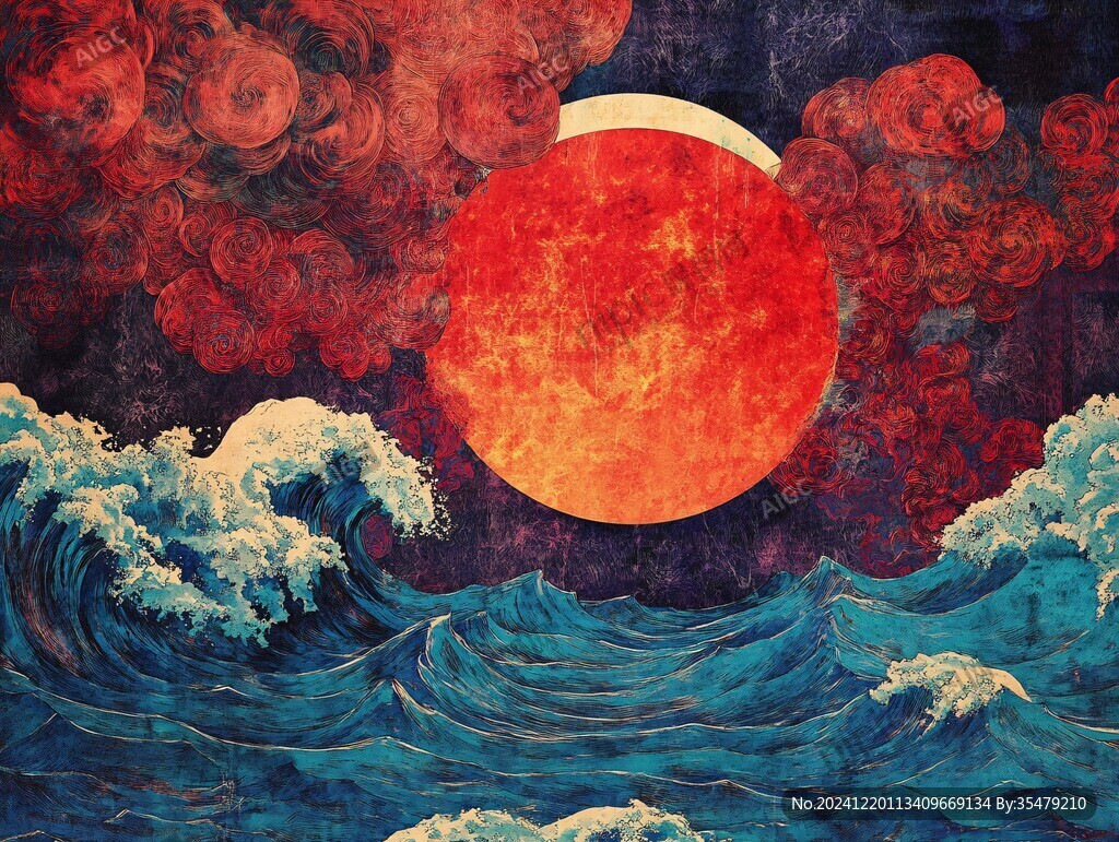 手绘海浪旭日东升