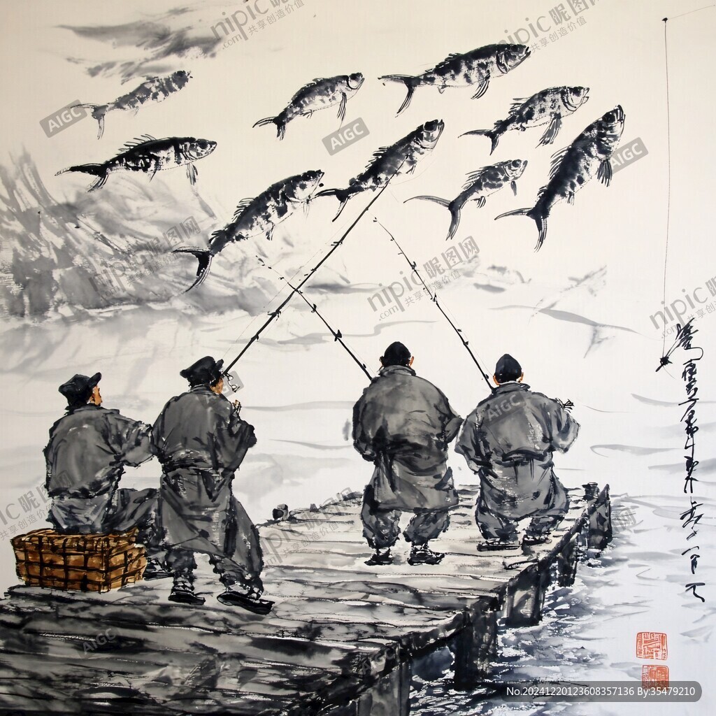手绘古代捕鱼图