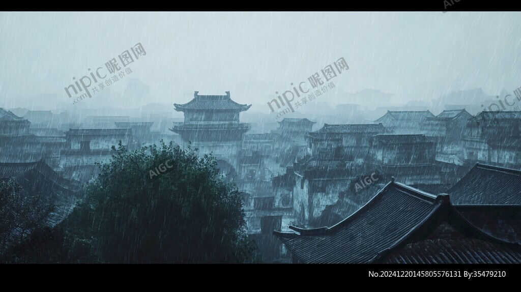 中式古代建筑雨景