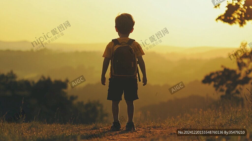 小孩背影看日落
