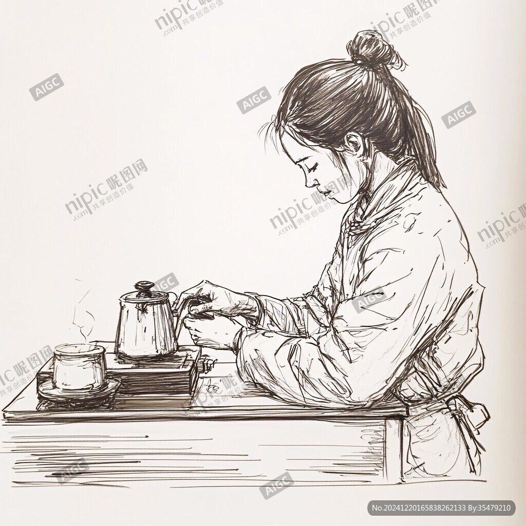 线稿美女煮茶