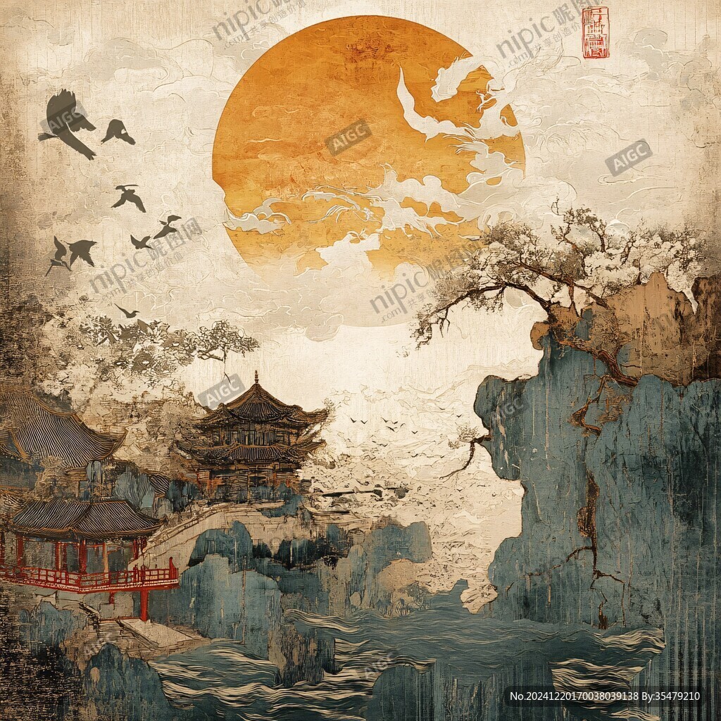 中秋楼阁仙鹤图