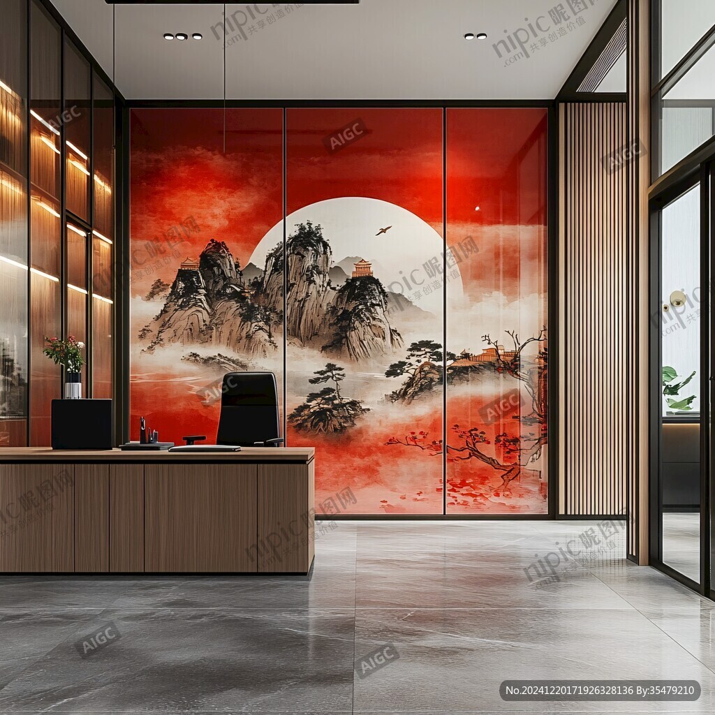 质感红色山水背景墙
