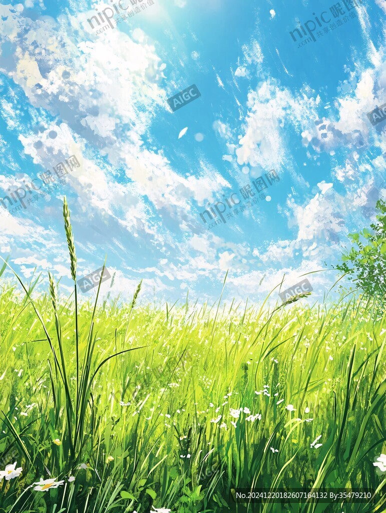 蓝天白云绿草油画