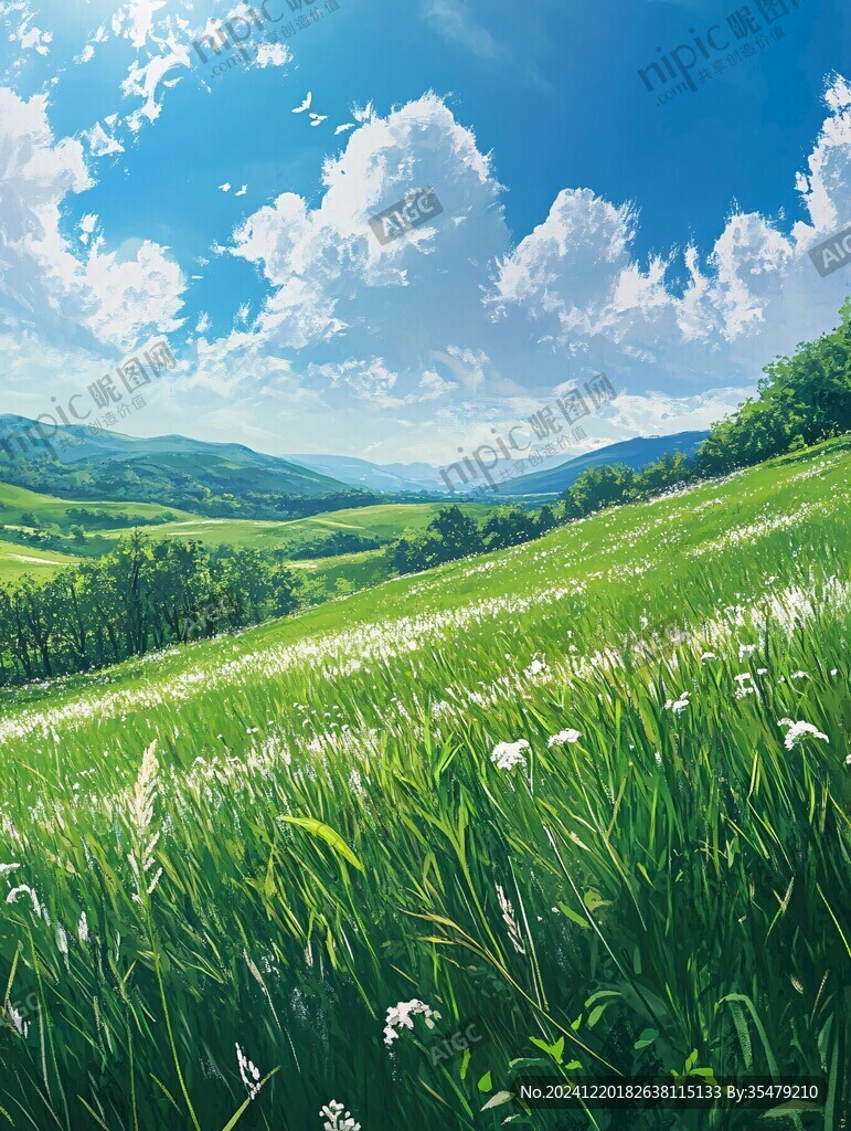 蓝天白云绿草油画