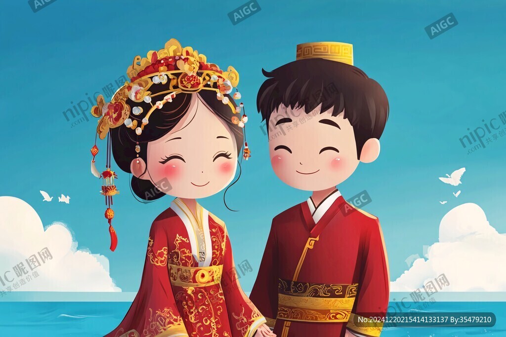 中式卡通新郎新娘新人